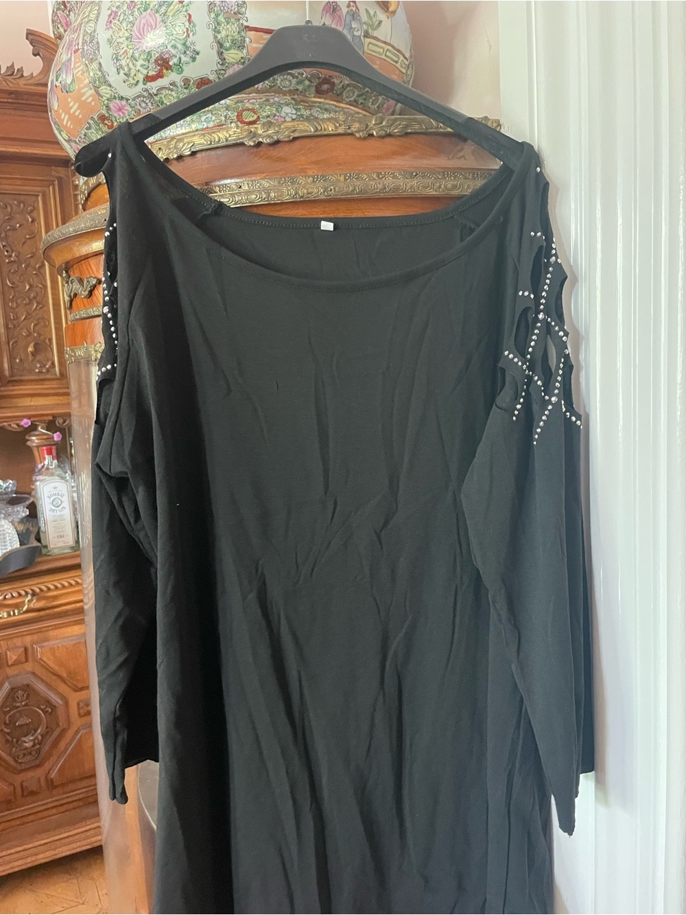 Black Cold-Shoulder Studded Women’s Top